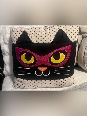 Black Cat Face Decorative Pillow with Pink Mask and Yellow Eyes